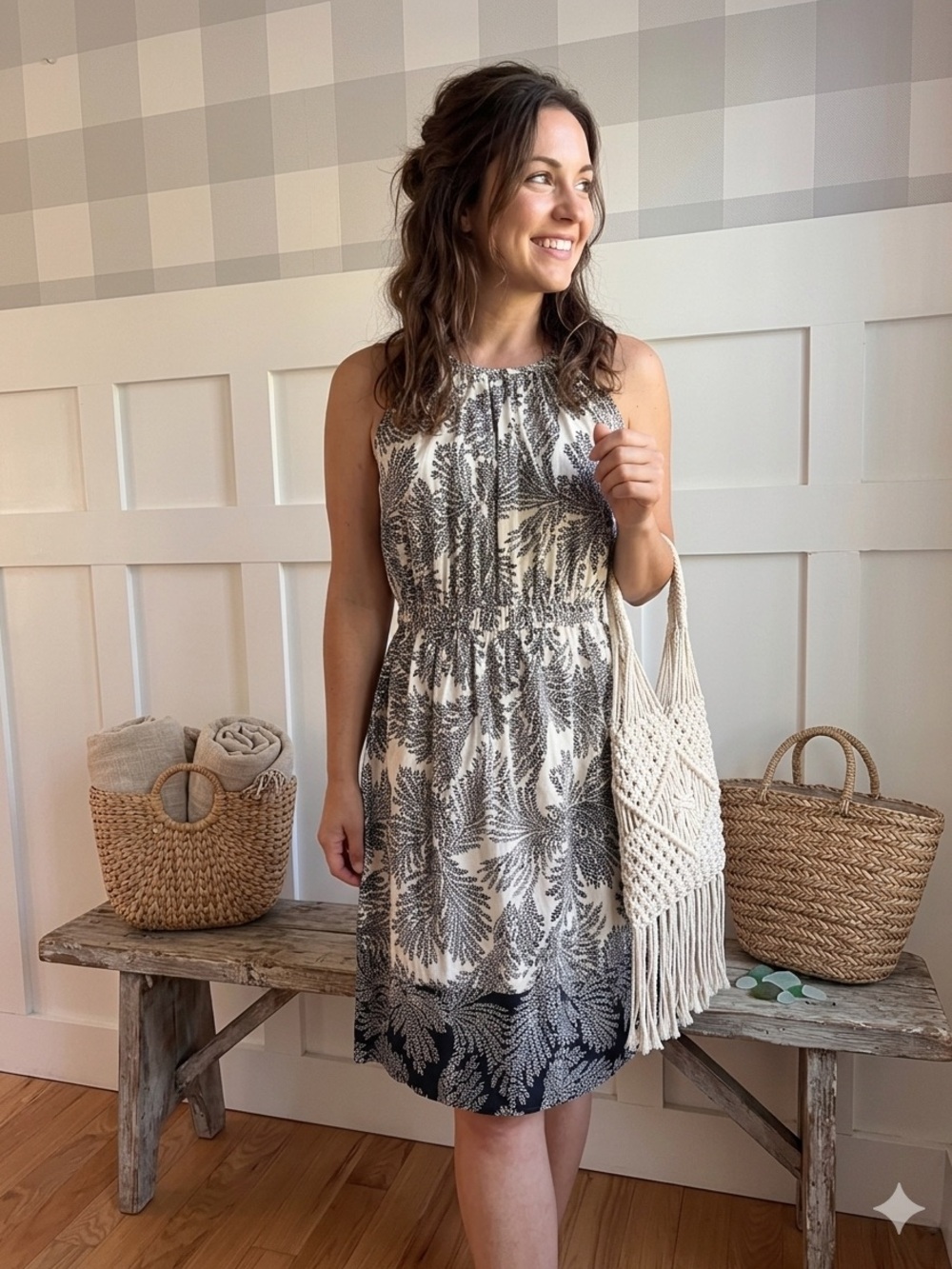 Halter‎ Smocked Midi Dress in Cream and Black Botanical Print Small